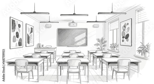 Detailed sketch of a classroom showcasing an empty school setting ambiance