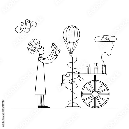 Scientist inventor cartoon illustration drawing of a mad scientist with crazy invention and balloon device