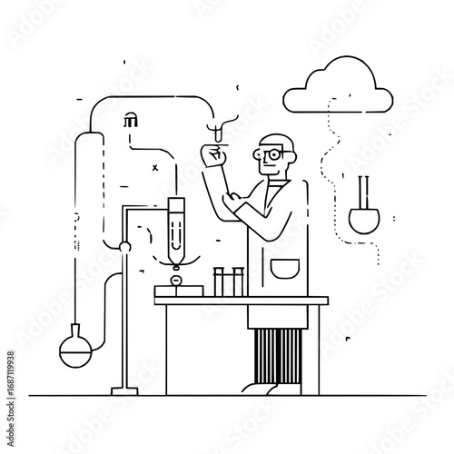 Illustration of scientist conducting experiment in laboratory science research and development process