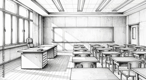 Detailed sketch of a classroom with desks, blackboard, and sunlight entering