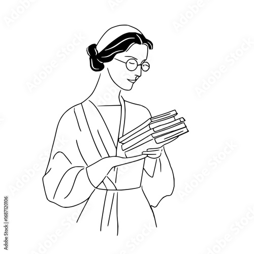 Woman reading books vector illustration line art drawing design for bookstore and library 100