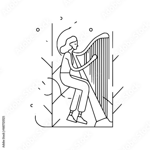 Elegant harpist playing music illustration in minimalist style line art drawing for music lovers design 100