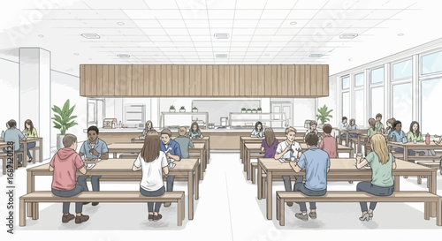 Diverse individuals enjoying lunch together in a bright and modern cafeteria setting