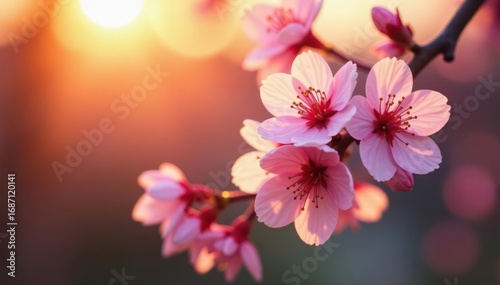 Close-up of delicate cherry blossoms bathed in golden sunset light , sunset, nature photography, sun