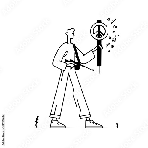 Peaceful protest against war illustration with peace symbol and protester holding sign for peace rally