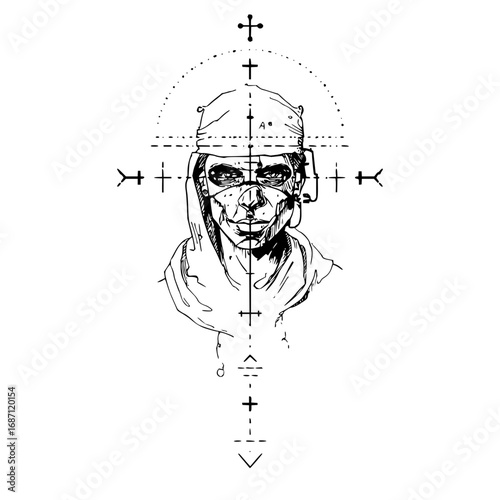 Detailed artistic sketch of a futuristic character with intricate technical line art design concept