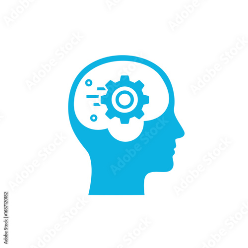 Conceptual icon of a human head with internal gear processing, symbolizing intellect, innovation, and strategic thought
