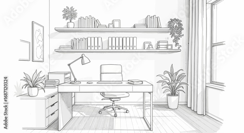Elegant monochromatic home office setup with minimalist design aesthetic