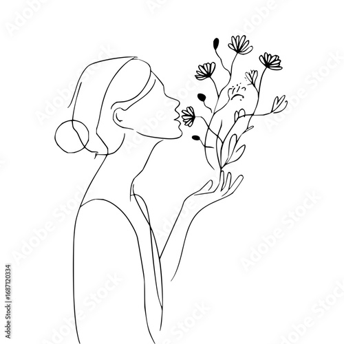 Minimalist woman smelling flower line art drawing vector illustration for wall art and decoration ideas