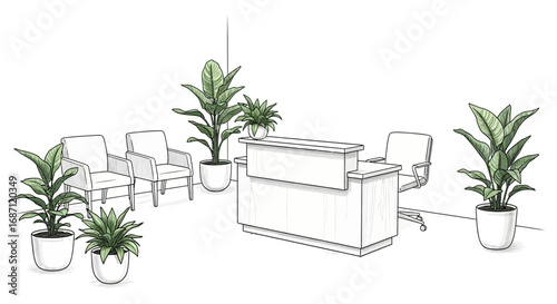 Elegant Office Reception Area Illustration with Lush Indoor Plants