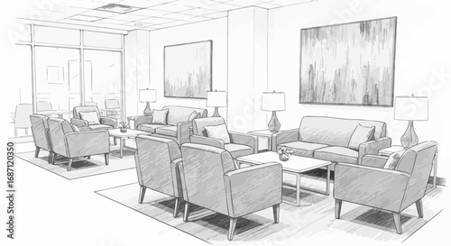 Elegant monochrome sketched waiting area with stylish furniture designs