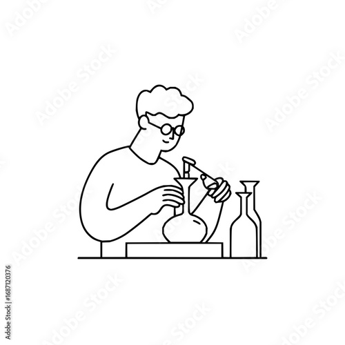 Scientist performing experiment in laboratory with glassware and chemical solutions illustration