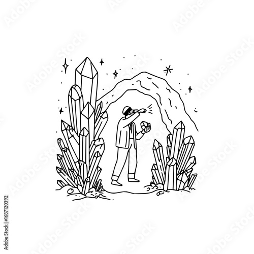 Crystal mining adventure exploring gem cave with miner and crystals vector line art illustration