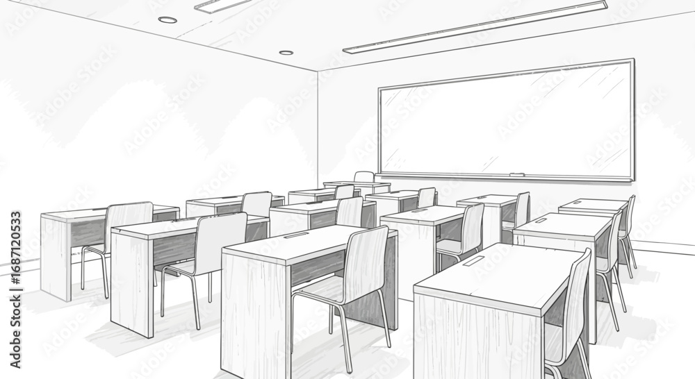 Fototapeta premium Hand drawn classroom interior illustration with desks and chairs