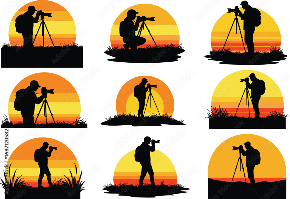 Naklejka premium Silhouette photographer at sunset, tripod camera setup, outdoor nature shoot, golden hour, landscape, dramatic sky, grass