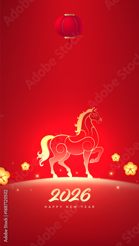 Red vertical New Year poster for the Year of the Horse 2026 with New Year elements