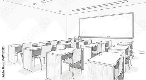 Hand drawn classroom interior illustration with desks and chairs