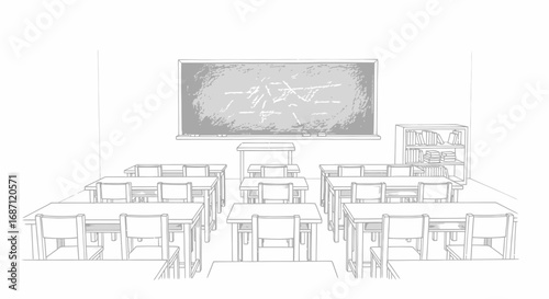 Hand drawn classroom, empty desks and chairs, blackboard and bookcase