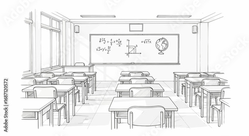 Hand drawn classroom with desks chairs and blackboard with equations