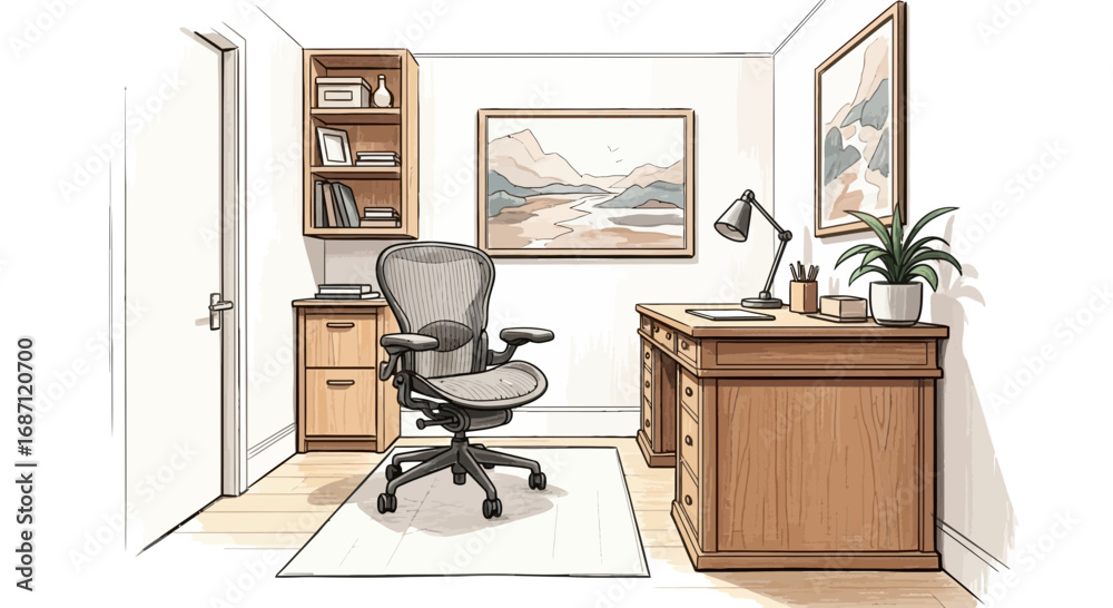 Fototapeta premium Hand Drawn Interior Design of a Home Office with Desk and ergonomic Chair