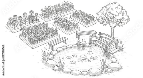 Hand drawn monochrome illustration of a garden with pond and flowerbeds