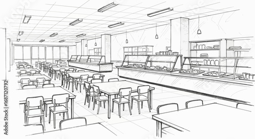 Hand drawn sketch of a cafeteria interior showing tables and food counter