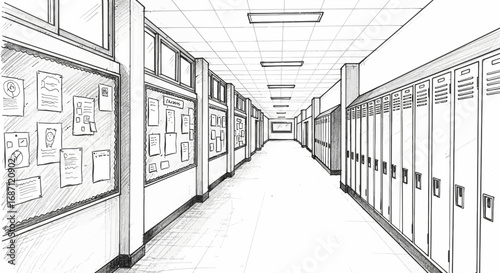 Hand Drawn Sketch of an Empty School Hallway With Lockers and Bulletin Boards