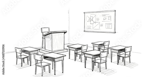 Hand-Drawn Classroom Interior Sketch with Desks, Chairs, and Whiteboard