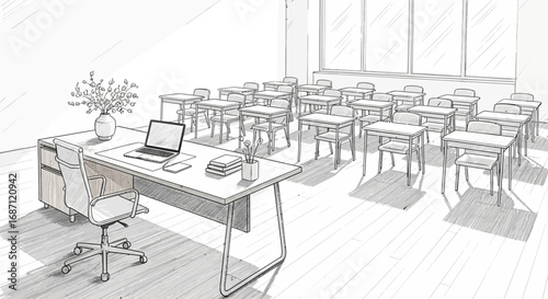Hand-Drawn Classroom Interior Sketch with Empty Desks and Teacher's Desk