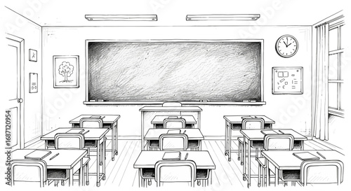 Hand-drawn classroom scene showcasing empty desks and blackboard sketch