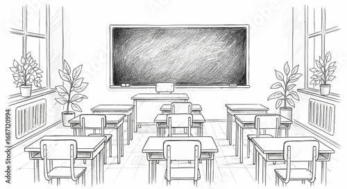 Hand-drawn classroom scenery with desk, chair, chalkboard, plants, and window