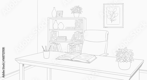 Hand-drawn office illustration showcasing workspace aesthetics and comfort