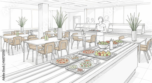 Hand-drawn line art of a cafeteria-style dining space filled with food choices
