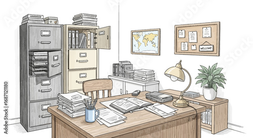 Hand-drawn office interior with filled filing cabinets and desk setup