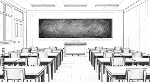 Illustration depicting empty classroom featuring chalkboard and student desks