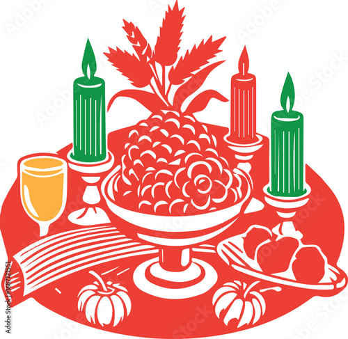 Colorful vector illustration of a festive harvest table featuring candles, fruits, grains, and a drink. Traditional holiday and celebration design suitable for Thanksgiving, autumn festivals, posters,