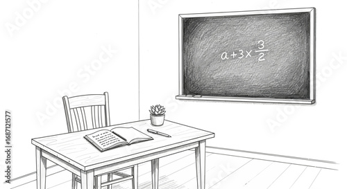 Illustration of a classroom with blackboard and desk, back to school concept