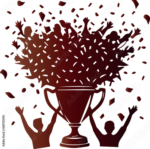 Silhouette illustration of people celebrating victory with a trophy, raised hands, and flying confetti. Concept of success, achievement, teamwork, and championship celebration.