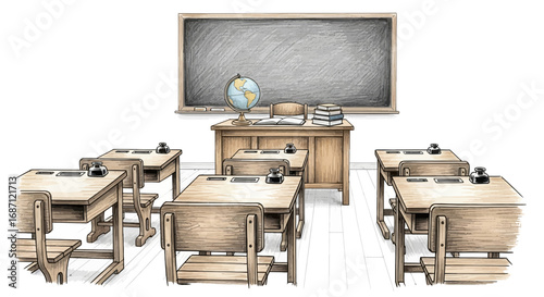 Illustration of a retro classroom with vintage desks and blackboard