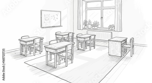 Illustration of a traditional classroom setup with desks and a whiteboard