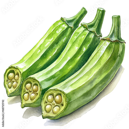 Okra, watercolor illustration vector, isolated on a white background.