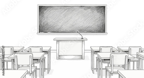 Illustration of classroom interior with desks, blackboard, and teacher's lectern