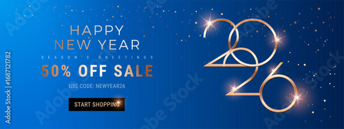 New Year Sale 2026 banner template for sales email, web header. New Year vector background in blue and gold colors