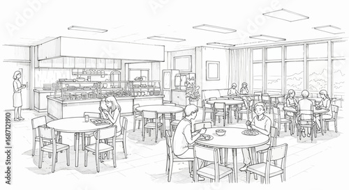 Illustrative Monochrome Drawing of a Bustling Cafeteria Scene with Patrons