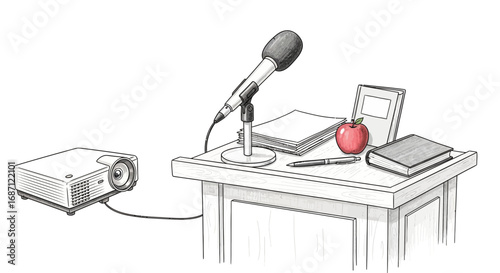 Lecture podium setup with projector perfect for illustrating education topics