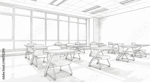 Line art drawing of an empty classroom featuring desks and chairs