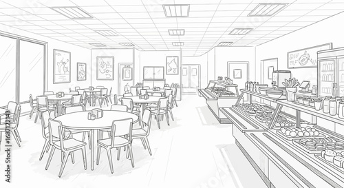 Line Art Illustration of a Modern Cafeteria Interior with Food Service Area