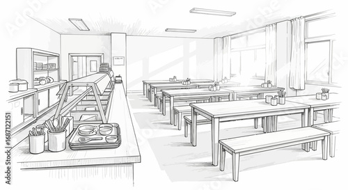 Line Art Illustration of an Empty School Cafeteria or Dining Hall Scene
