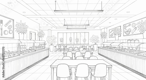 Line art illustration of bright cafeteria or dining space with tables