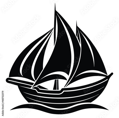 Vector logo design of a nautical sailing ship silhouette on the ocean waves, perfect for a cruise or travel company
